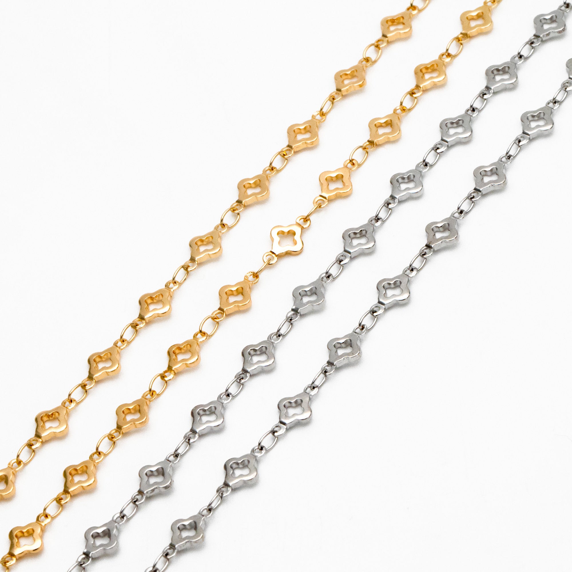 Gold/ Silver Tone Four Leaf Clover Beaded Chain 5.6mm, Gold/ Rhodium plated Brass, Quality Chain for DIY Jewelry (#LK-605)/ 1 Meter=3.3 ft